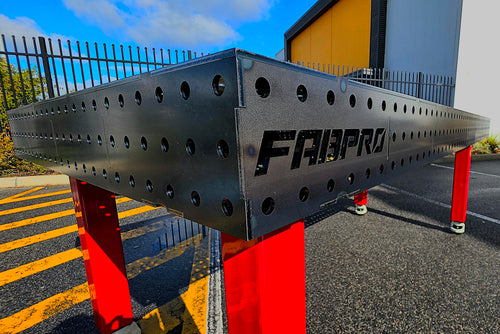 Fabpro welding table assembled with weld-up leg kit and levelling castor wheels