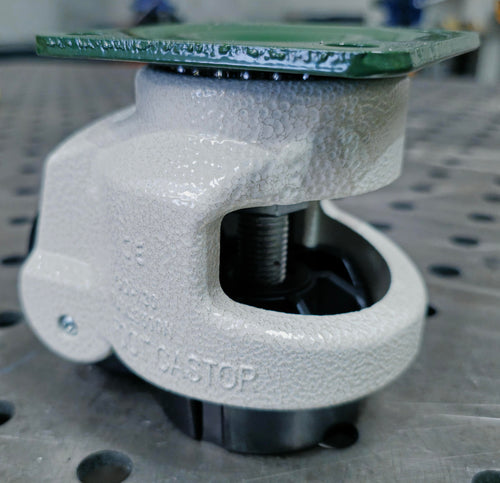 Side view of a levelling castor showing the height-adjustment foot